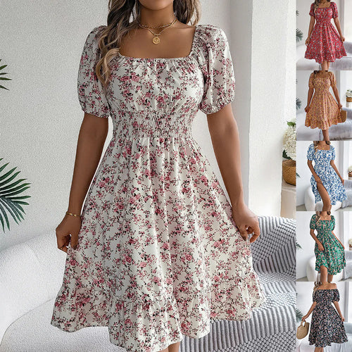 Floral Print Square Collar Dress Summer Fashion Ruffles Dresses Women'S Clothing